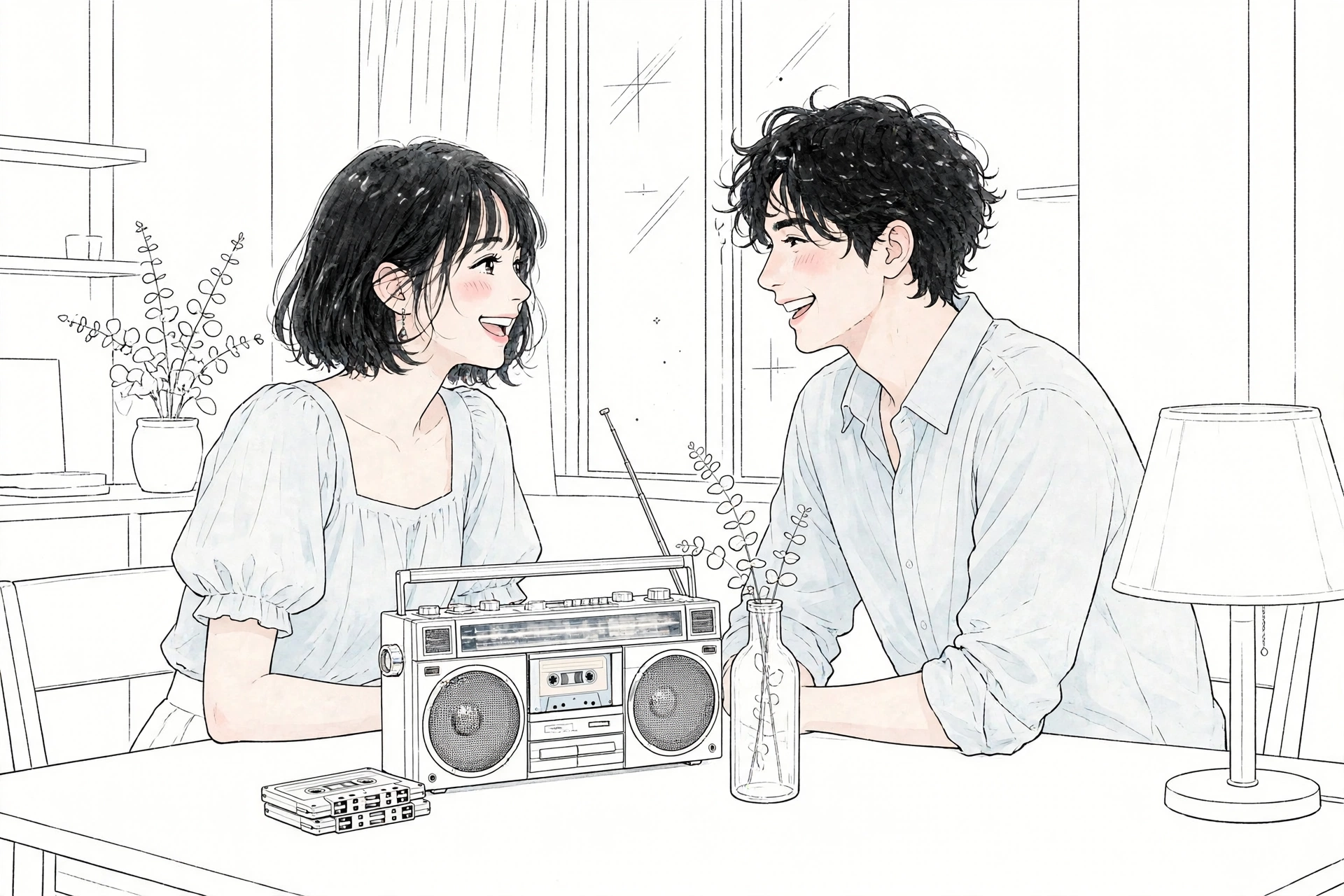 テーブルのラジカセを挟んで、顔を見合わせて笑う真由と圭介の一筆書き線画イラスト。ラジカセは左右に丸いスピーカー、中央のカセットデッキにテープが入り、持ち手とアンテナがあり、横にはカセットテープの重なりと壜が置かれている