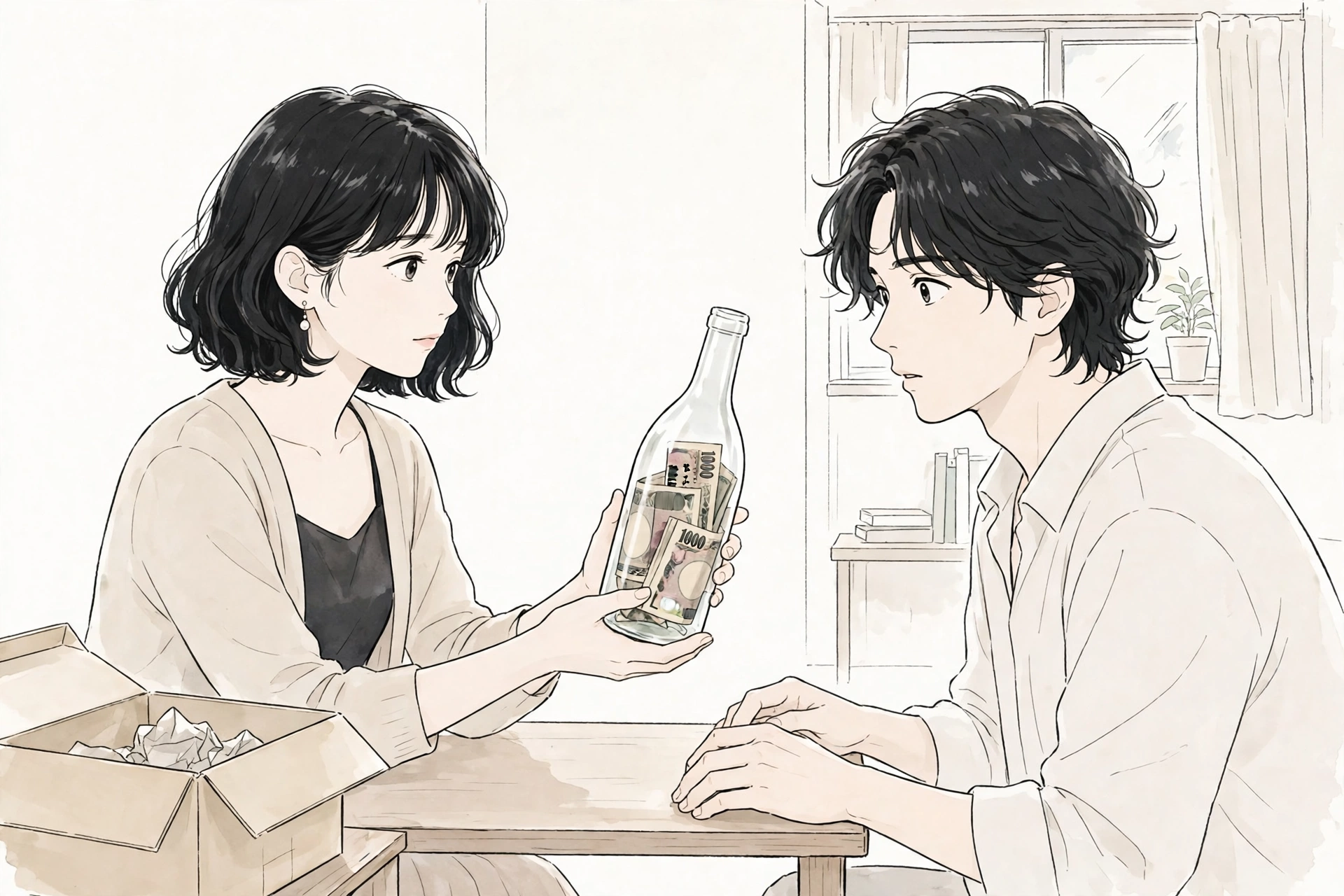 テーブルの向こうで、お札の入った壜を両手で差し出す真由と、壜を見つめる圭介の一筆書き線画イラスト