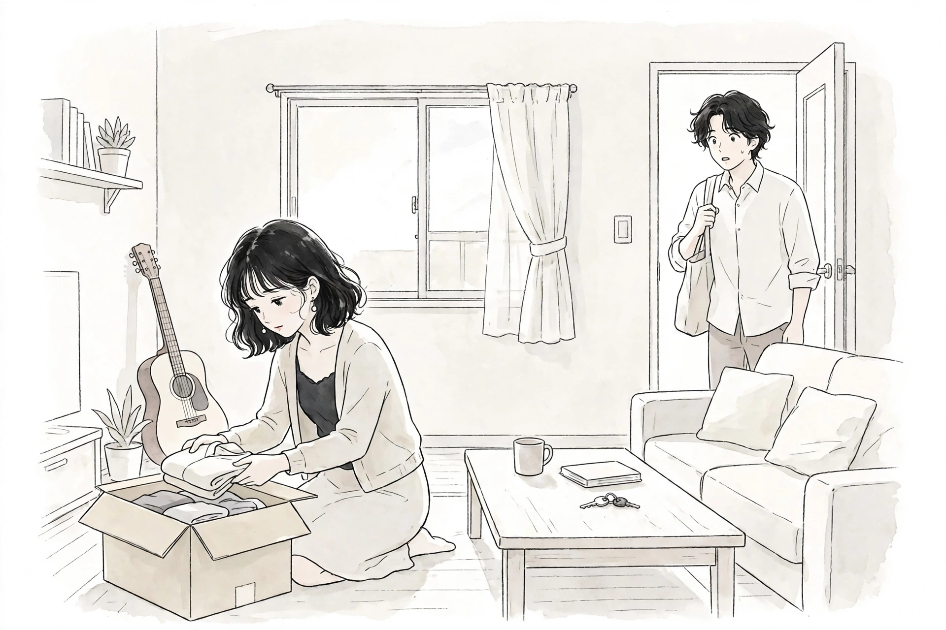 昼下がりの部屋でダンボールに荷造りをする真由と、帰宅してドアの前で立ち尽くす圭介の一筆書き線画イラスト