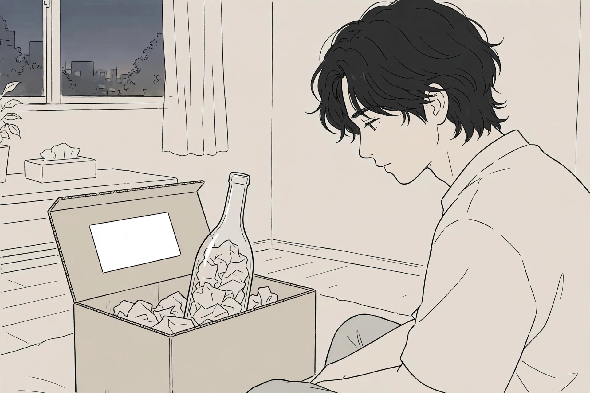 黄昏の部屋で、開いたダンボールに入った壜を見つめる圭介の横顔の一筆書き線画イラスト